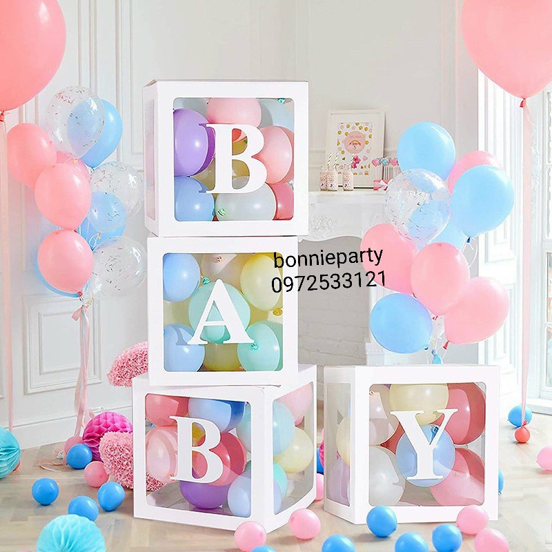 Hộp Baby trang trí tiệc, sinh nhật, sự kiện, set 4 hộp đựng bóng baby box (có thể đổi sang tên bé)
