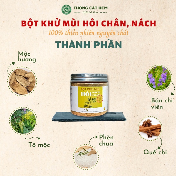 Bột hôi nách thảo dược Thông Cát giúp khử mùi hôi nách, hết thâm nách, giảm tiết mồ hôi, khô thoáng vùng cánh hiệu quả
