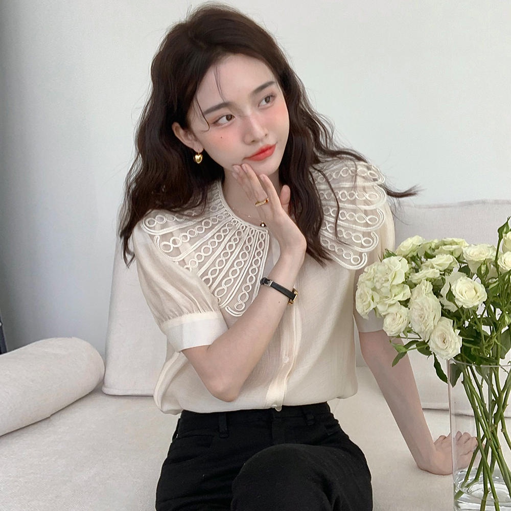 Áo Sơ Mi Tay Ngắn Cài Nút Cổ Phối Ren Phong Cách Retro 50016