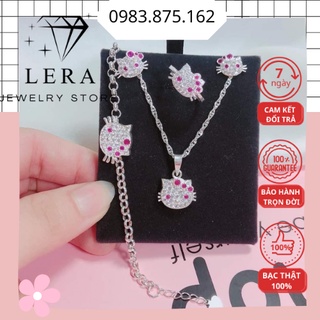 Bộ trang sức bạc ta 925 bé gái mèo kitty hồng, dây chuyền, nhẫn, bông, lắc tay bé gái tại trang sức Lera