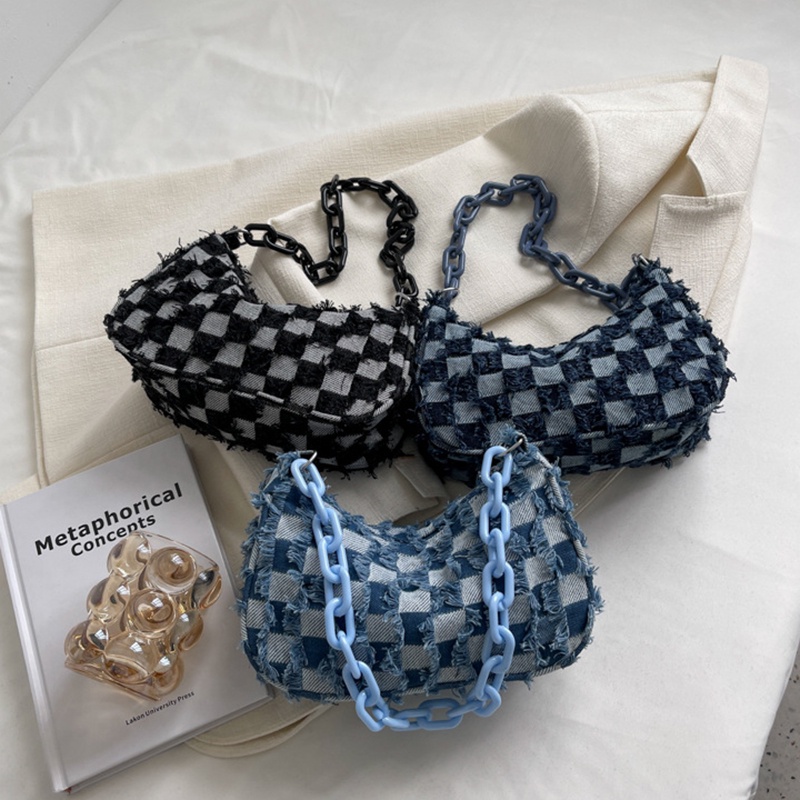 Túi IELGY đeo vai vải denim họa tiết kẻ sọc thời trang cho nữ