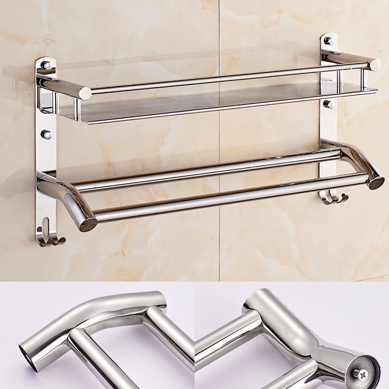 Kệ Treo Khăn Nhà Tắm Inox, Kệ Để Đồ Nhà Tắm Có Móc Treo Khăn Lắp Đặt Dính Tường