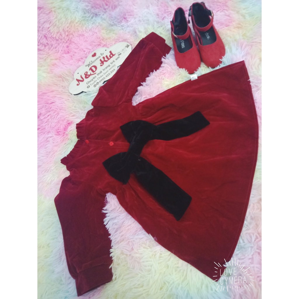 Váy Nhung Cho Bé 8-18kg - Váy Nhung Đỏ Phối Nơ Diện Tết - Noen Cực Ấm - N%D Kids