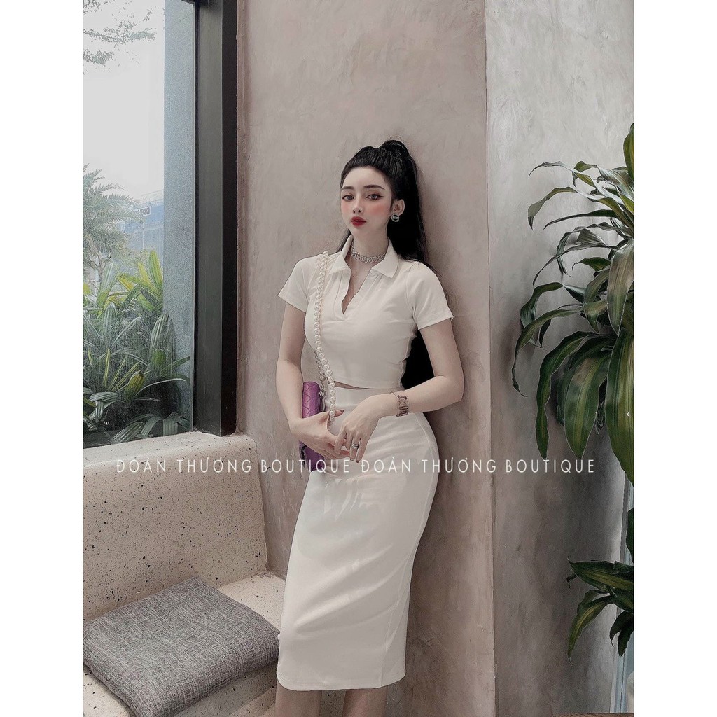 Sét bộ áo croptop cổ bẻ phối chân váy thun body dài cực xinh , chất thun bozip dày dặn co giãn