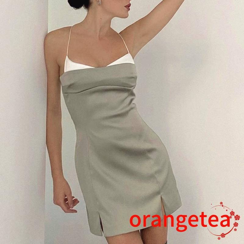 Đầm Hai Dây Lưng Thấp Xẻ Tà Màu Sắc Tương Phản Thời Trang Cho Nữ
