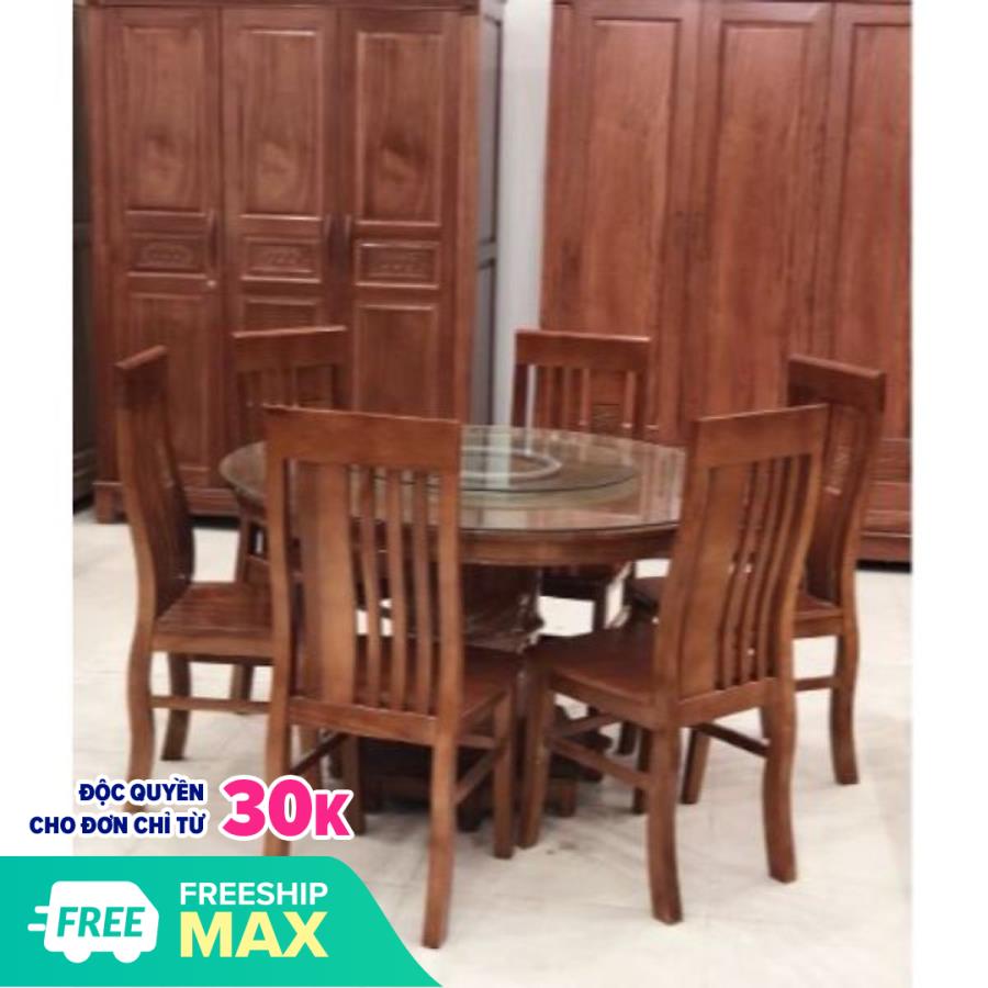 Bộ Bàn Ăn Tròn Mâm Xoay Kính Gỗ Sồi 6 Ghế Màu Cánh Gián, bàn ăn gia đình tròn