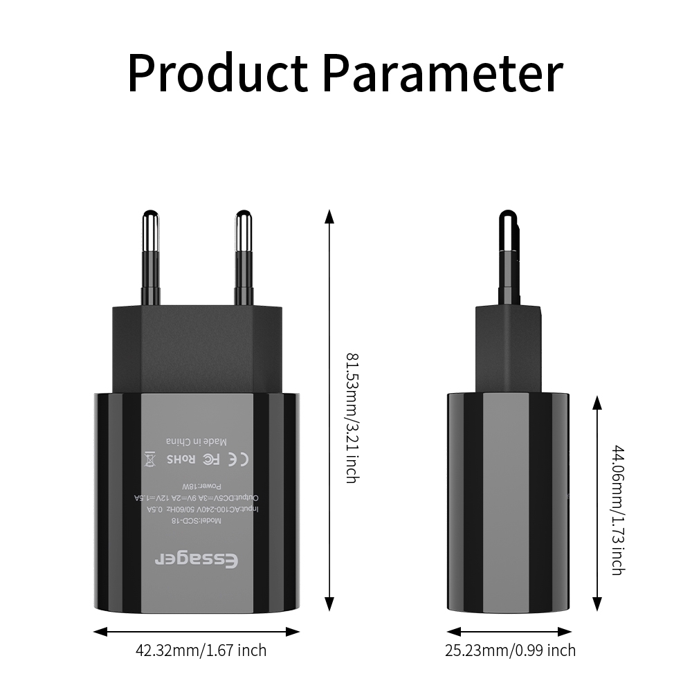 Cục sạc điện thoại nhanh Essager USB 3.0 giắc cắm tiêu chuẩn châu Âu