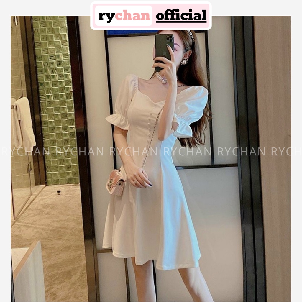 Đầm Xòe Nút Bọc Cổ V 2 Màu - DX0054