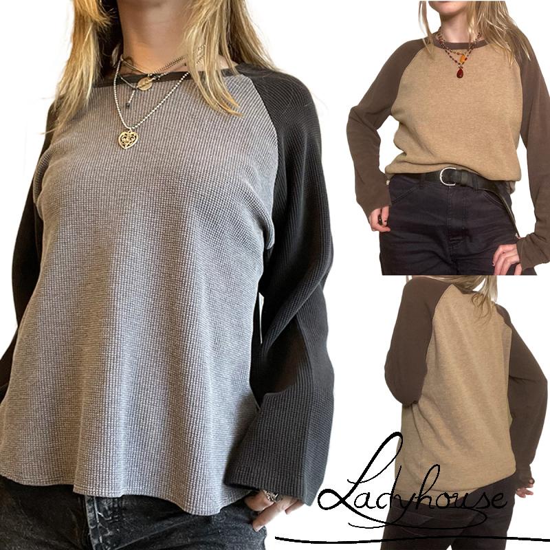 Áo Thun Raglan Tay Dài Cổ Tròn Màu Sắc Tương Phản Thời Trang Cho Nữ