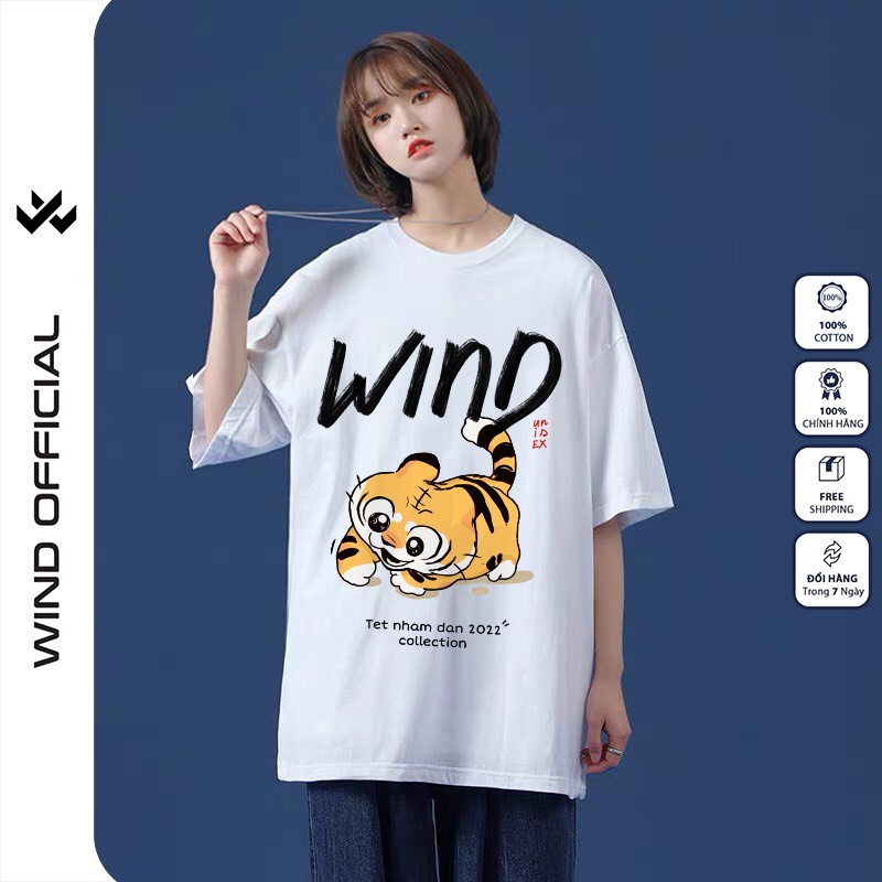 Áo thun tay lỡ unisex WIND 100% cotton phông form rộng Tết Con Hổ nam nữ oversize ulzzang