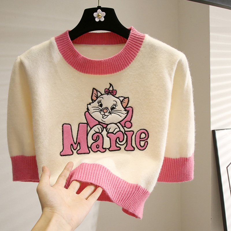 Áo Thun Crop Top Dệt Kim Tay Ngắn In Họa Tiết Mèo Hoạt Hình Đính Nơ Phong Cách Harajuku Cho Nữ