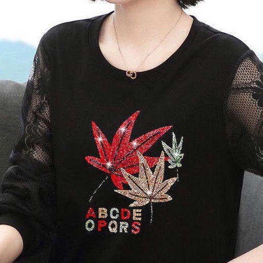 Áo thun tay dài phối ren thời trang xuân thu cho phụ nữ trung niên