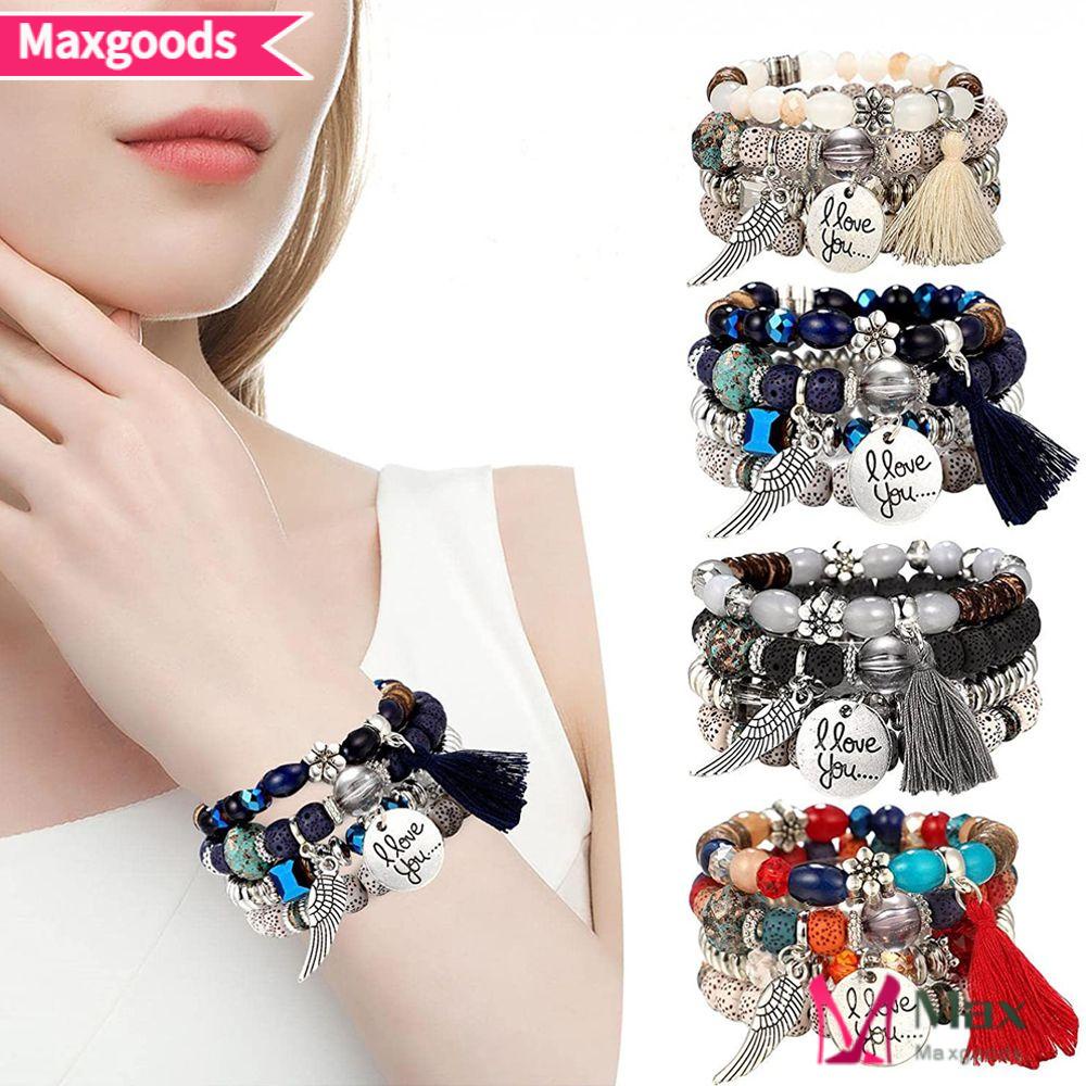 MAX=&gt; New Design Beaded Bracelet Set for Party Turquoise Bead Bangle Set Multilayer Stackable Bracelets Tassel Bangle Set Bohemian Style 4 Layers Gift for Women Summer Beach Jewelry