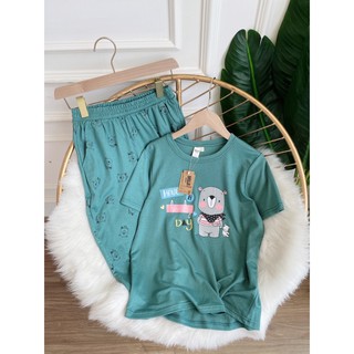 Bộ ngủ cotton thun quần ngố gấu dễ thương