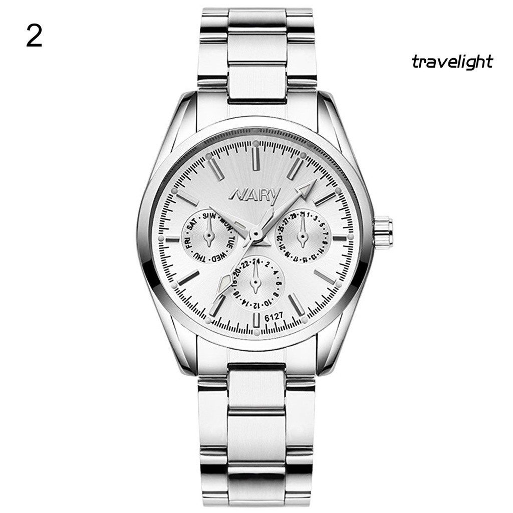 【TL】NARY Fashion Adjustable 3 Decorative Dial Steel Strap Office Business Silver Quartz Wristwatch Couple Watch