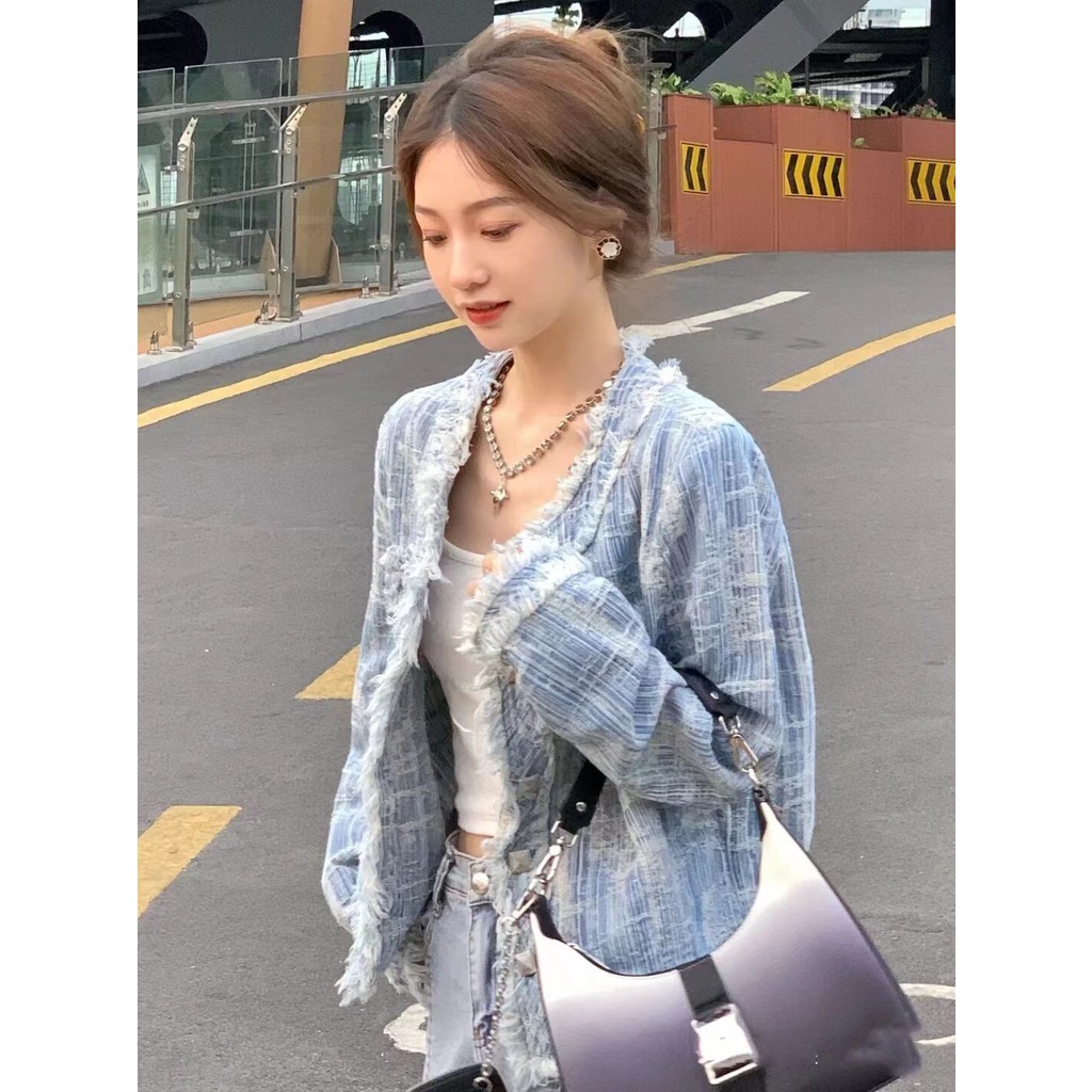 Áo Khoác Denim Dáng Ngắn Phong Cách Chanel Hàn Quốc Thời Trang Mùa Thu Dành Cho Nữ