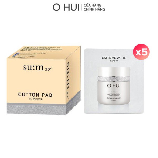 [HB Gift] Combo 5 gói Kem dưỡng trắng OHUI Extreme White 1ml/gói và Bông tẩy trang Cotton Pad Gimmick