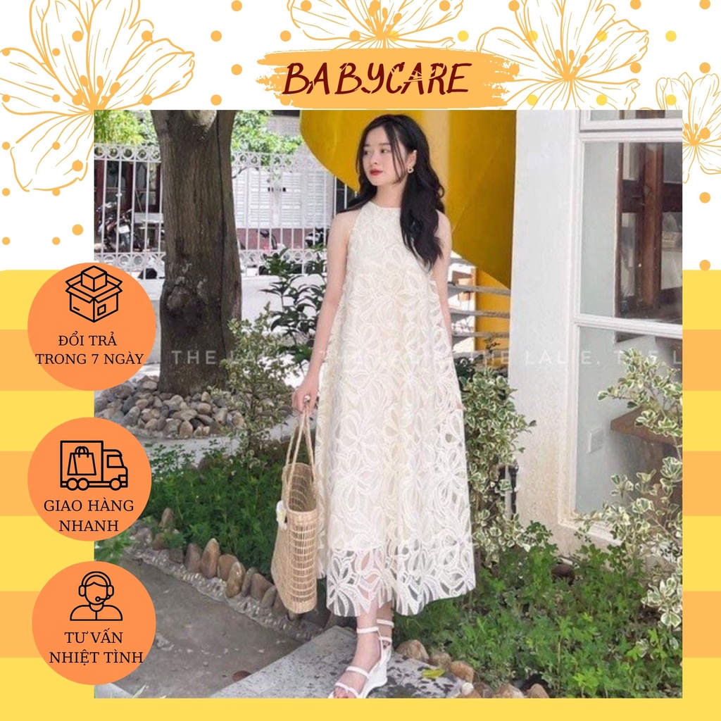 ĐẦM BẦU CỔ YẾM,VÁY HOA NỔI REN TIỂU THƯ- VÁY BẦU THIẾT KẾ XINH XẮN ĐI BIỂN ĐI DỰ TIỆC