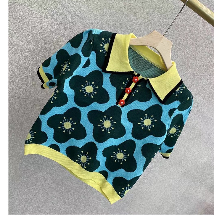 Áo kiểu dệt kim tay phồng cổ polo in họa tiết hoa màu sắc tương phản phong cách retro thời trang mùa hè xinh xắn | BigBuy360 - bigbuy360.vn