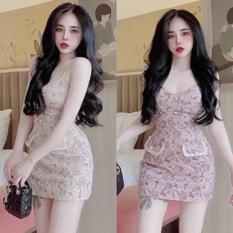 Đầm Gấm Hoa Dáng Xoè Cúp Ngực Đính Nơ Ngực Vải Gấm Hoa Cao Cấp