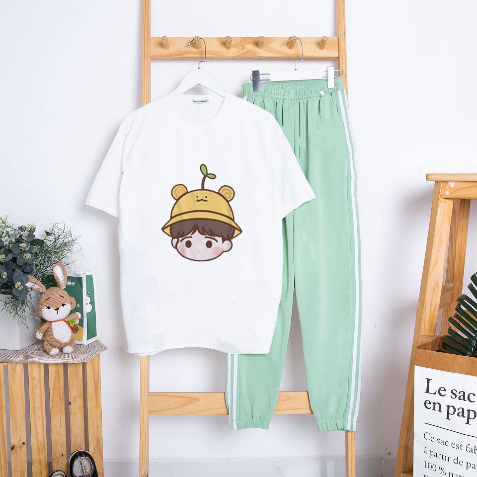 Sét áo phông mặt em bé mũ mầm + quần 2 sọc chun gấu full màu BIGOMALL