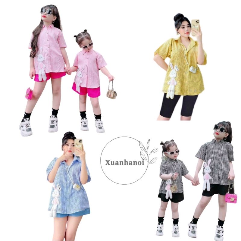 Set cặp mẹ con áo sơ mi kẻ đáp gấu quần đùi có 4 mầu XHN854