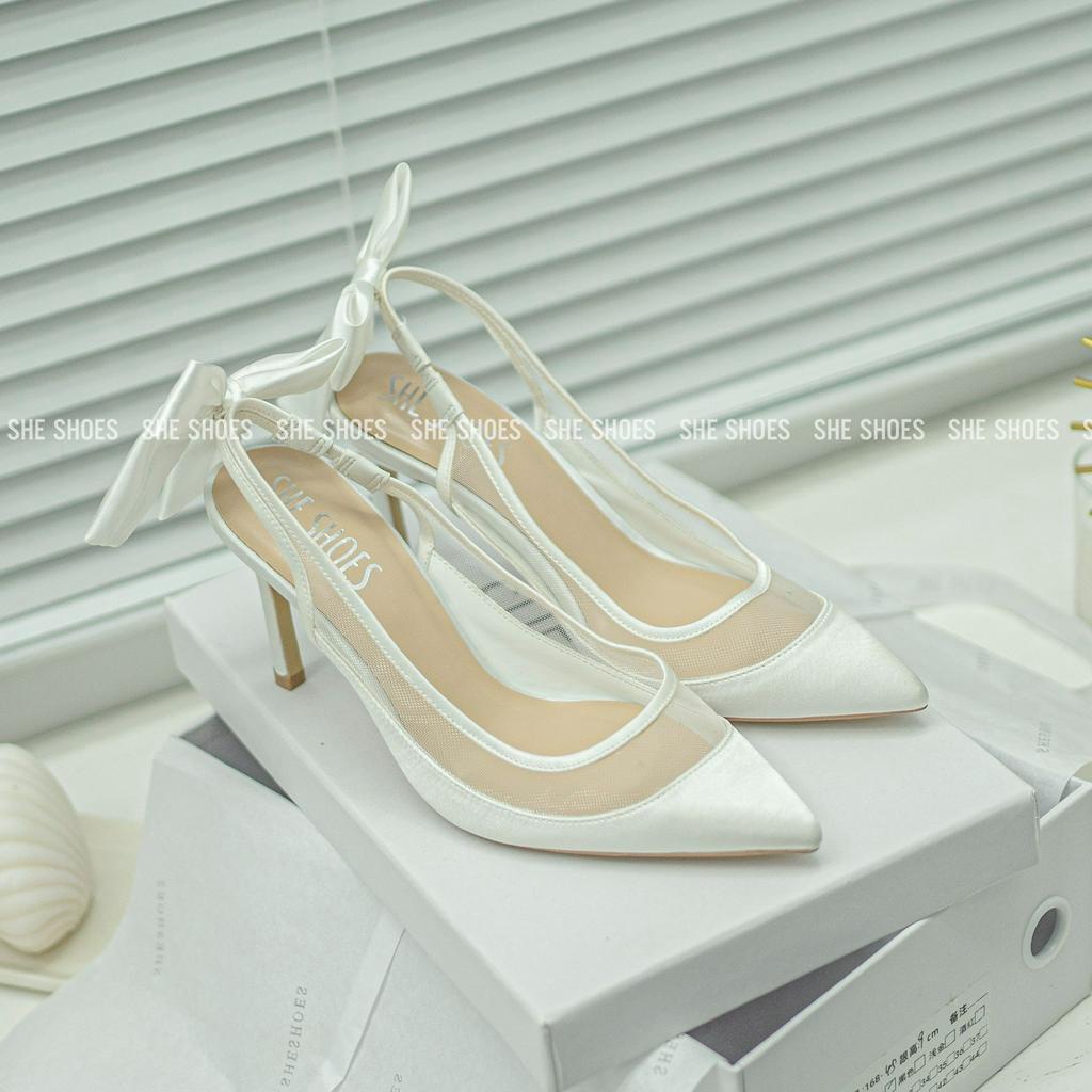 GIÀY CƯỚI Slingback satin phối lưới đính nơ gót VIE - độc quyền bởi SHE SHOES