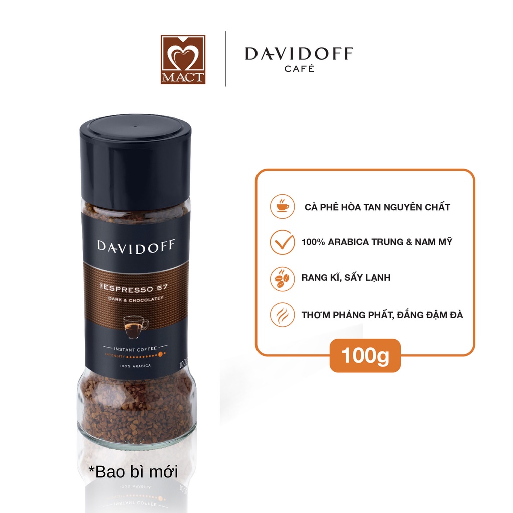 Cà phê hòa tan DAVIDOFF CAFÉ ESPRESSO 57 - 100% hạt Arabica - Thơm phảng phất, đắng đậm đà - lọ 100g
