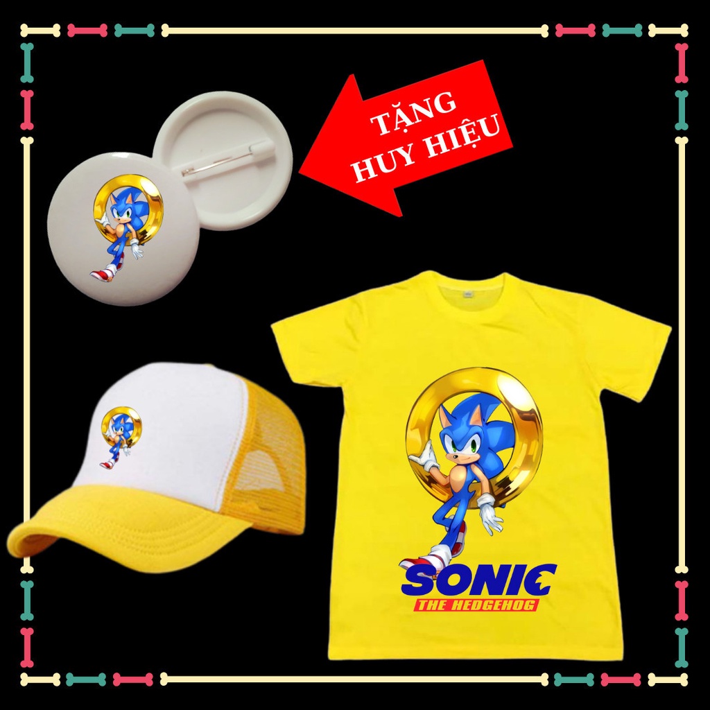 Set Mũ lưỡi trai+Áo thun Nhím Sonic hit hot cho trẻ em đủ size áo từ 10kg đến 80kg-Tặng Huy Hiệu Nhím Sonic