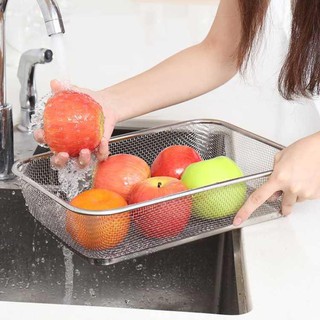 Rổ Inox Dạng Lưới Hình Chữ Nhật Kích Thước Lớn 201 Dùng Rửa Rau Củ Quả