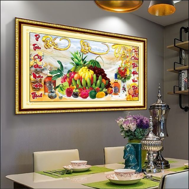 Tranh thêu chữ thập mâm ngũ quả ( thêu kín)mn0130