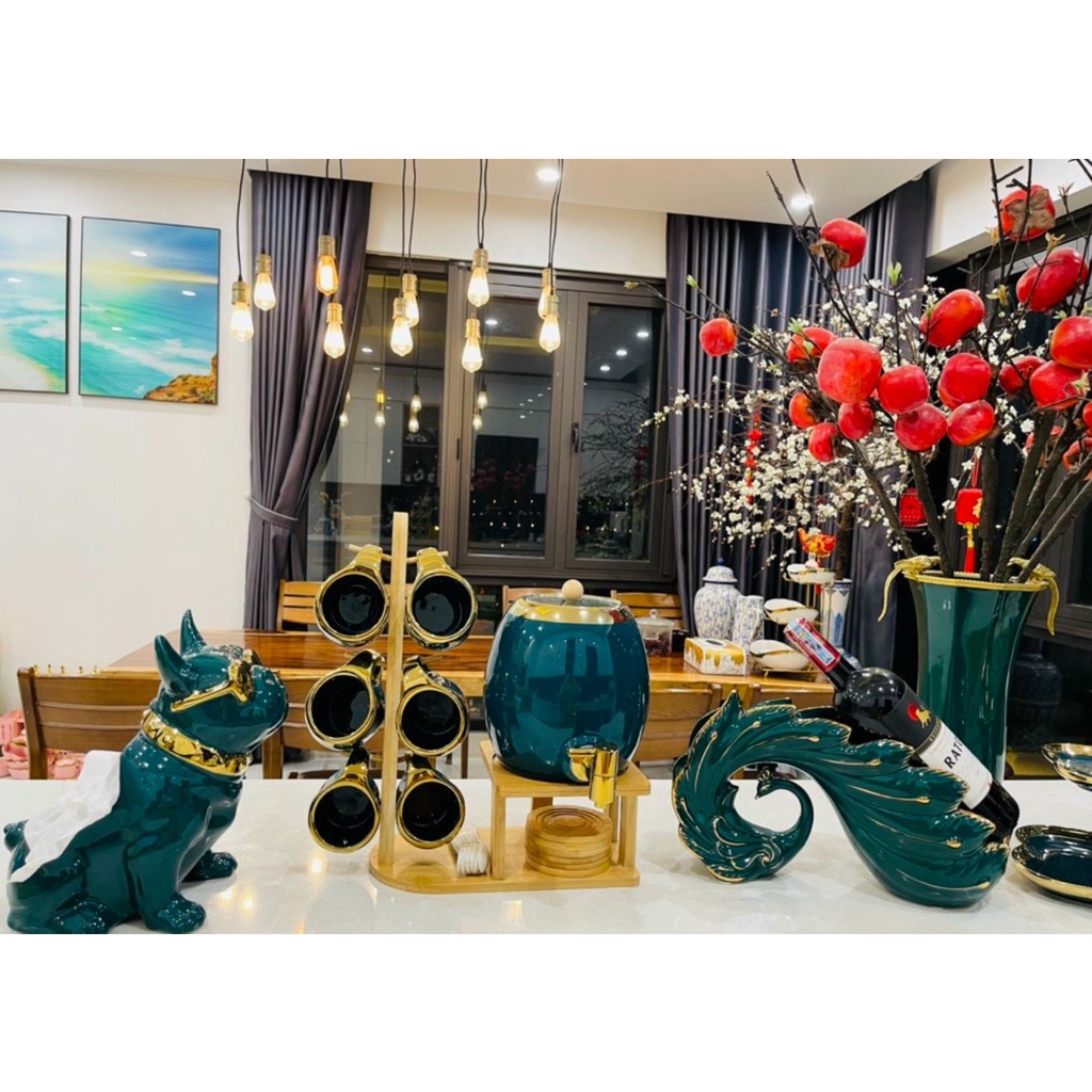 Bộ bình trà gốm sứ, bình trà sứ cao cấp xanh cổ vịt viền vàng dung tích 3l phong cách Bắc Âu