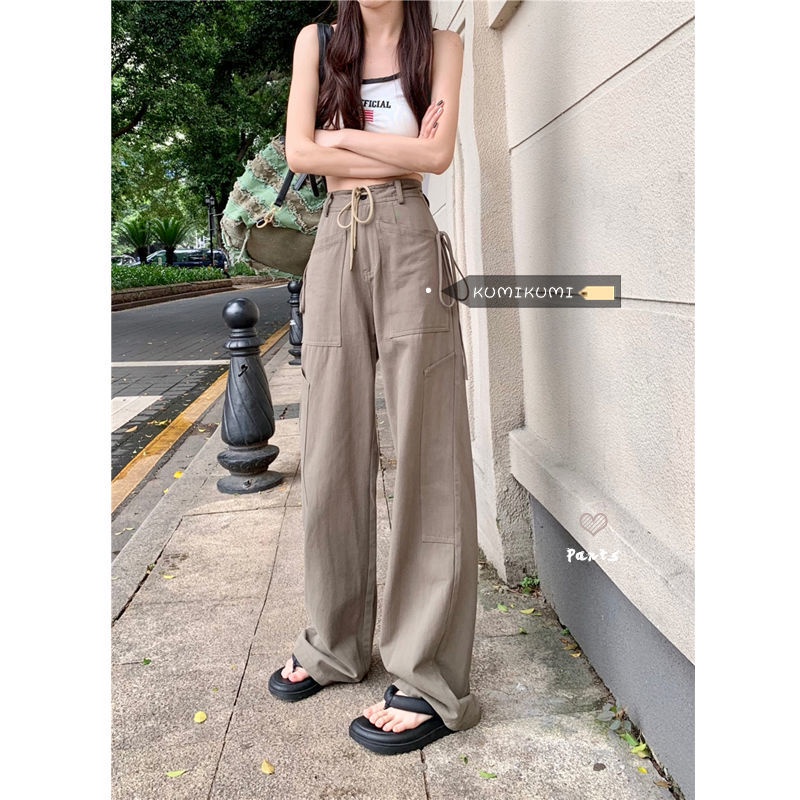 Quần Yếm Lưng Cao Dáng Rộng Cột Dây Thời Trang Mùa Hè Phong Cách Hàn Quốc Cho Nữ