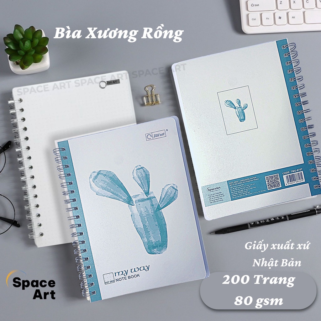 Sổ Dot Grid lò xo Bìa Xương Rồng Zen Art phong cách Nhật Bản 200 trang