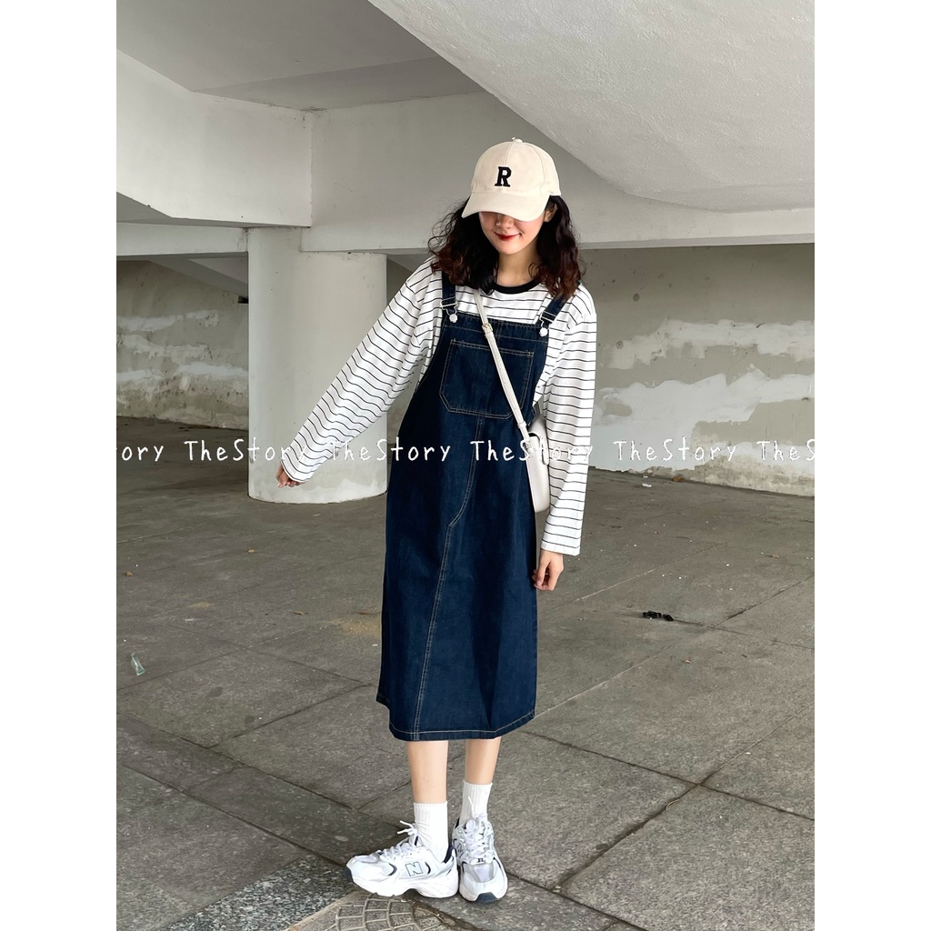 Yếm váy jean dài  D1067 xanh sẫm