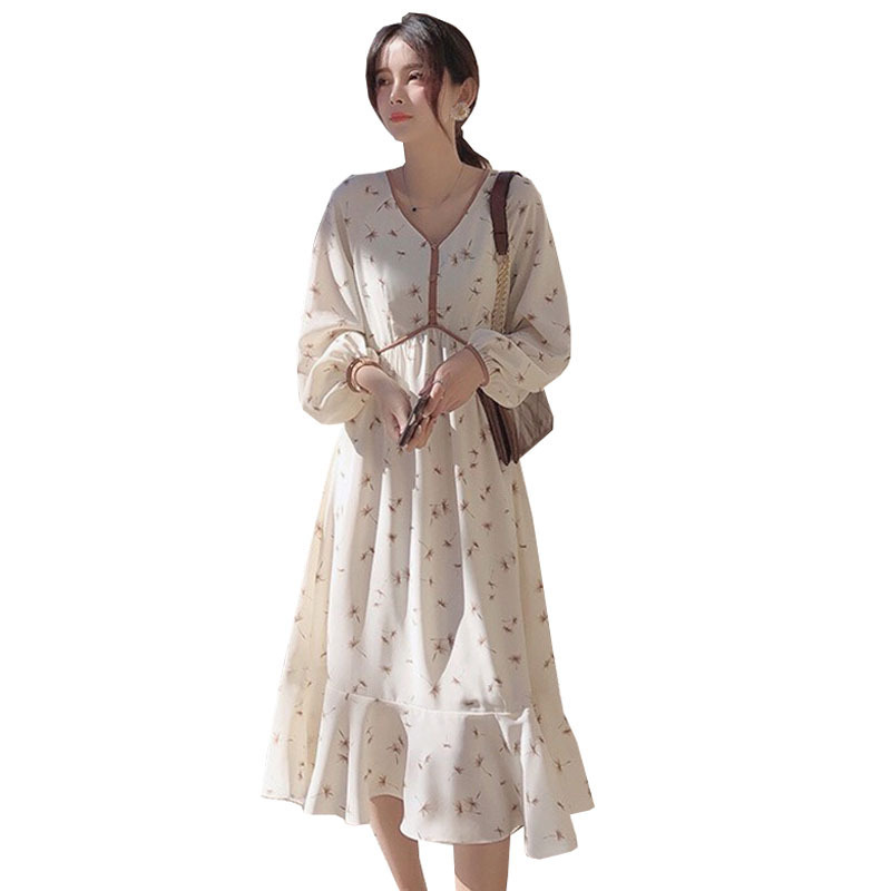 Đầm chiffon tay dài eo cao in họa tiết hoa thanh lịch cho nữ | BigBuy360 - bigbuy360.vn
