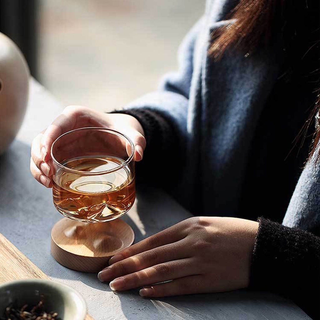 Cốc uống nước cafe hình ngọn núi bằng thủy tinh trong suốt đế gỗ cực chill trang trí góc làm việc Ráp