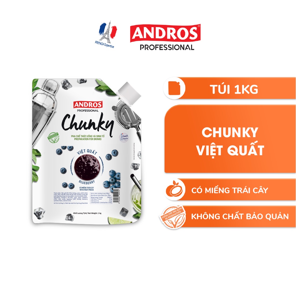 Mứt Trái Cây Pha Chế Việt Quất - Có miếng trái cây thật - Nguyên liệu pha chế -  ANDROS CHUNKY - 1kg