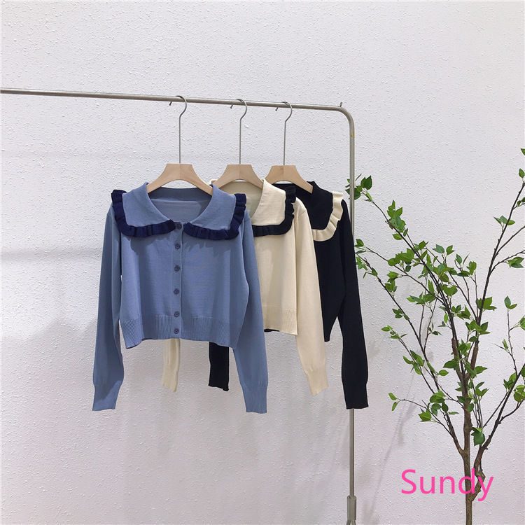 Áo Dệt Kim Tay Dài Dáng Rộng Cổ Búp Bê Thời Trang Mùa Thu Cho Nữ