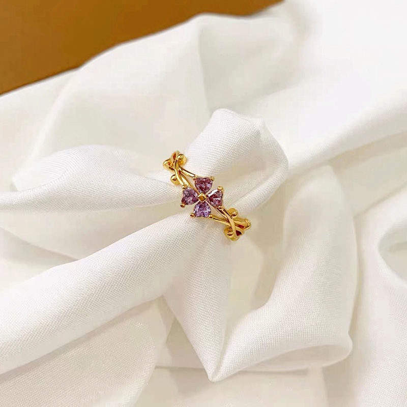 Nhẫn Titan nữ không gỉ Vàng 18k cỏ ba lá kim cương tím Trang sức Titan