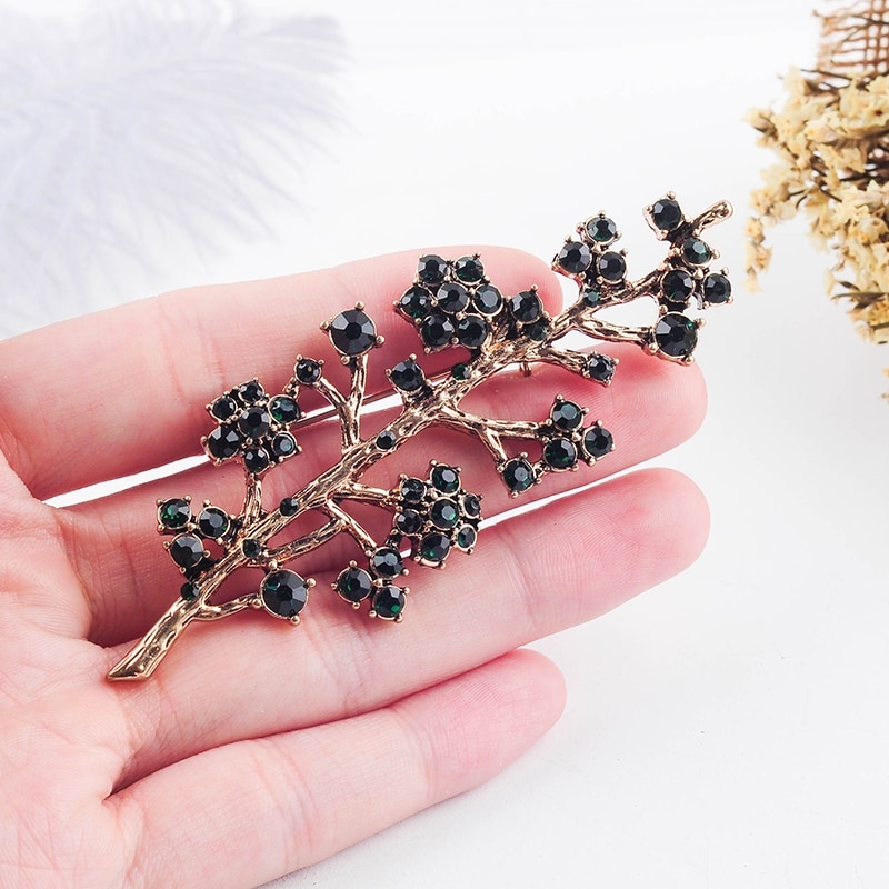 Ghim cài áo hình nhánh cây màu đen đính đá thời trang cho nữ