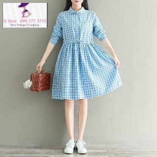 SALE LẺ SIZE Đầm Babydoll sơ mi caro xanh