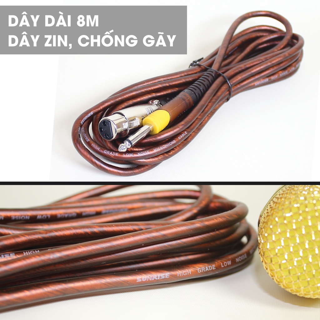Micro karaoke có dây chính hãng Sunrise SM-228 đầu mic chất lượng cao, thân kim loại kèm dây zin dài 8m chống gãy bền bỉ