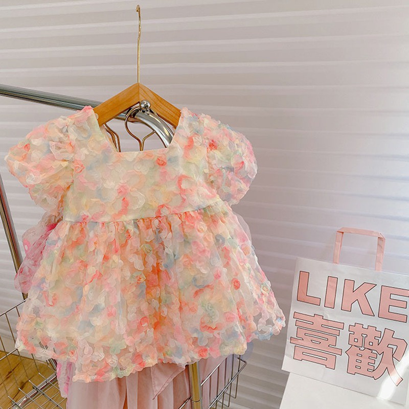 Set Áo Tay Phồng + Quần Short In Hoa Dễ Thương Cho Bé Gái