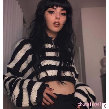 Áo Sweater Dệt Kim Cổ Tròn Dáng Rộng Kẻ Sọc Trắng Đen Thời Trang Cho Nữ