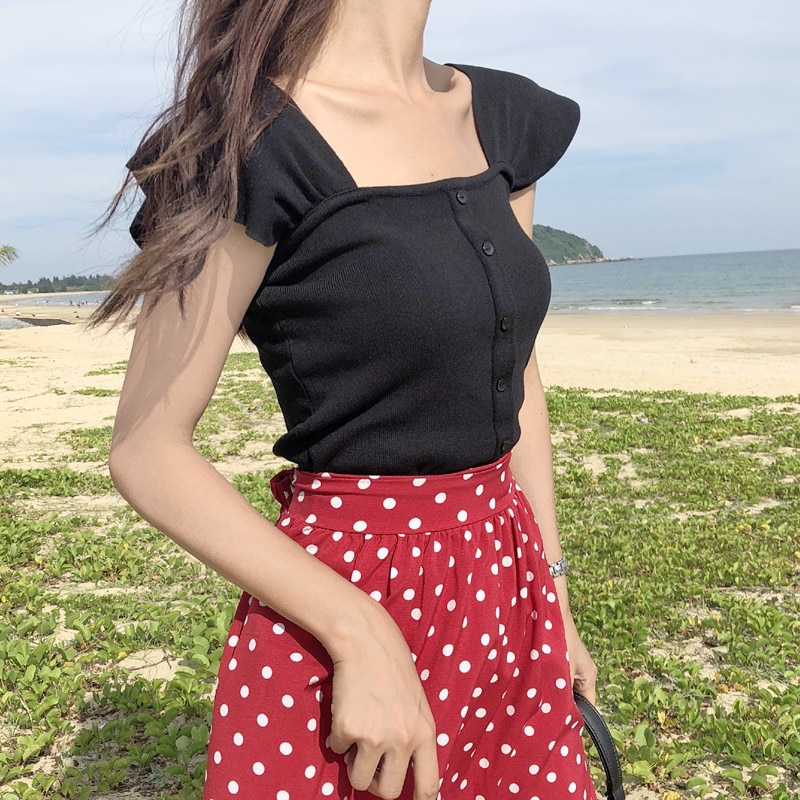 Áo dệt kim cài nút phong cách mùa hè cho nữ