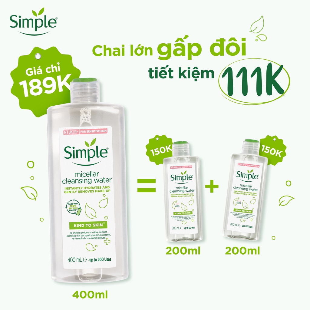 [CHÍNH HÃNG - MUA 400ML TẶNG 200ML] Nước tẩy trang Simple Micellar làm sạch trang điểm không chứa cồn gây khô rát 400ML