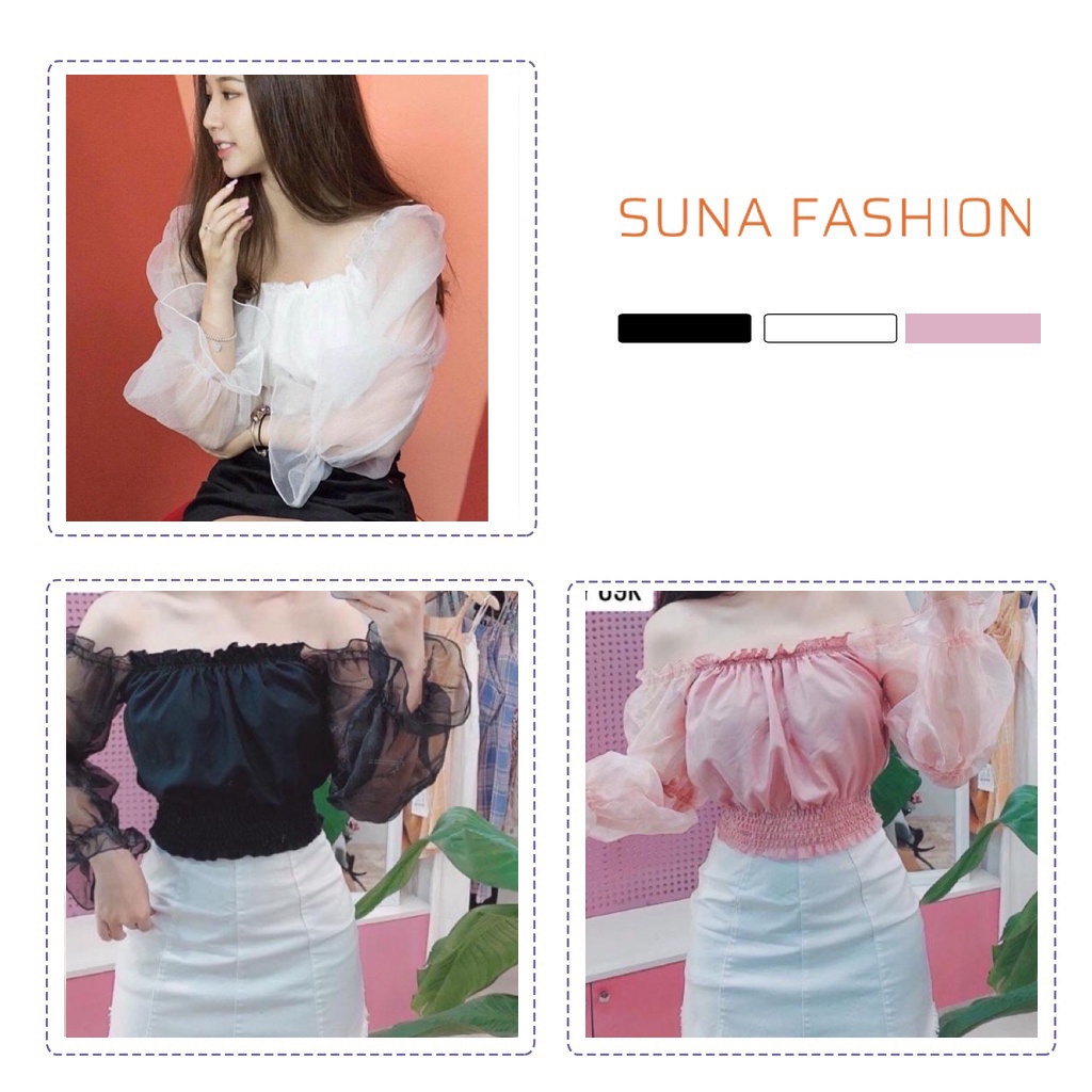 Áo croptop nữ tay dài bẹt vai, Áo croptop dài tay phồng chất polyester SUNA FASHION CT07