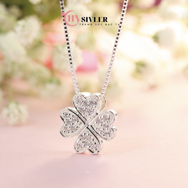 Dây chuyền bạc cỏ 4 lá may mắn đính đá to sáng dây chuyền nữ bạc thật giá rẻ