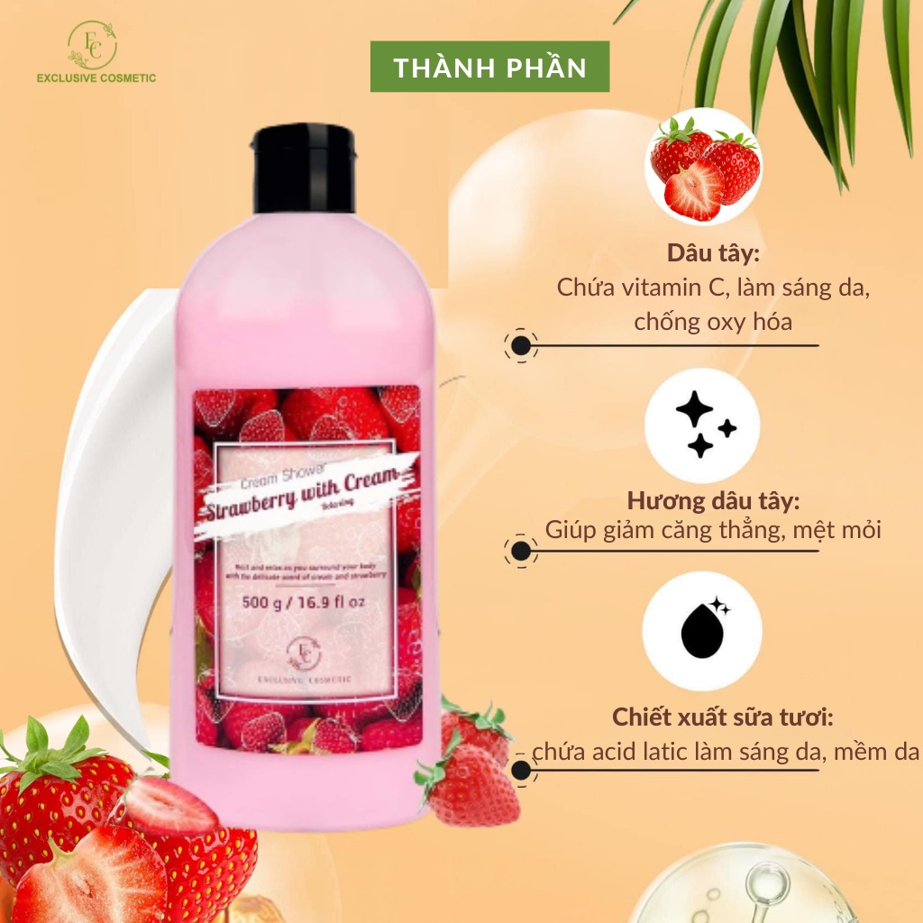 Sữa tắm chiết xuất Dâu tây & Kem EXCLUSIVE COSMETIC Cream Shower Strawberry with cream 500ml